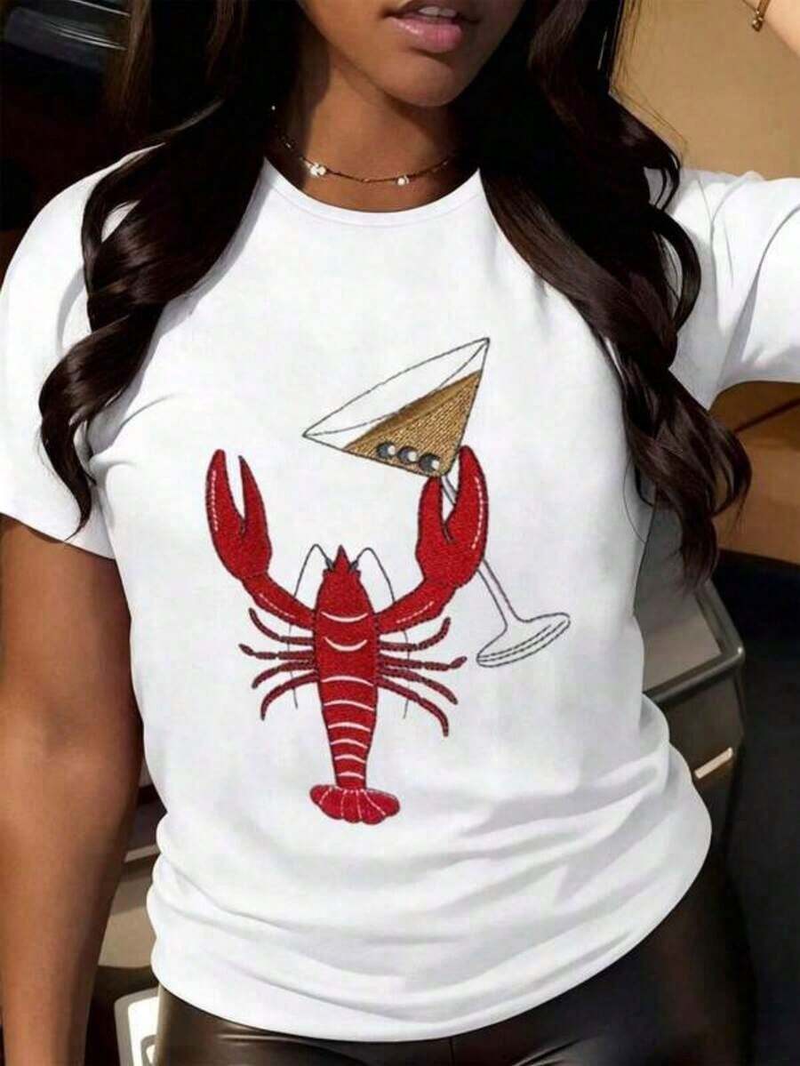 Women's Clothing Women's Lobster And Martini Cocktail Graphic T-Shirt - Fun Summer Party T-Shirt With Red Lobster And Cocktail Design, Casual White T-Shirt For Beach, BBQ Or Festive Occasions - 白色 - 查看 1