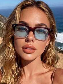 1pc Women's Classic Square Frame Elegant Burgundy Ombre Ocean Lens Glasses, Y2K Modern Retro Boho Vacation Fashion Shades, Suitable For Beach, Street, Driving, Travel, Camping, Dating, Outdoor - Multicolor - View 5