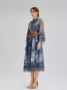 Rich Radi Q's Women's Elegant A-Line Midi Dress, Featuring Contrast Lace Trim And Woven Fabric, Minimalist Stylish Blue Pattern Design, Suitable For Women In Summer - Blue - View 6