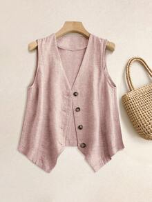 Plus Size Women's Spring/Summer Casual Linen Blazer Vest - Dusty Pink - View 3