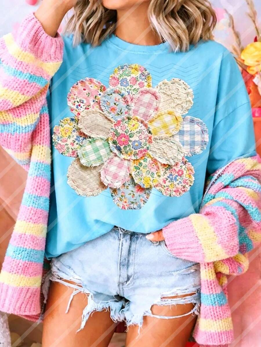 10-Inch Patchwork Style Countryside Floral Spring & Summer DIY Iron-On Transfer Patches, Suitable For T-Shirts, Sweatshirts, Fabric Decor, Pillow Covers, Tote Bags And Garment Decoration, Durable Plastic Heat Transfer Stickers, Holiday Party Decor - Multicolor - View 1