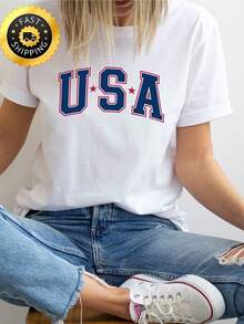 Camiseta R USA, Camiseta Patriótica Familiar. 220 g, algodón puro unisex. Peso ideal para todas las estaciones, apta para hombres y mujeres. Tejido duradero de alta calidad, suave al tacto y de larga duración. Parte superior transpirable. Adecuada para la primavera y el verano, vacaciones, Día de la Madre, Día de la Independencia. - Blanco - Ver 1