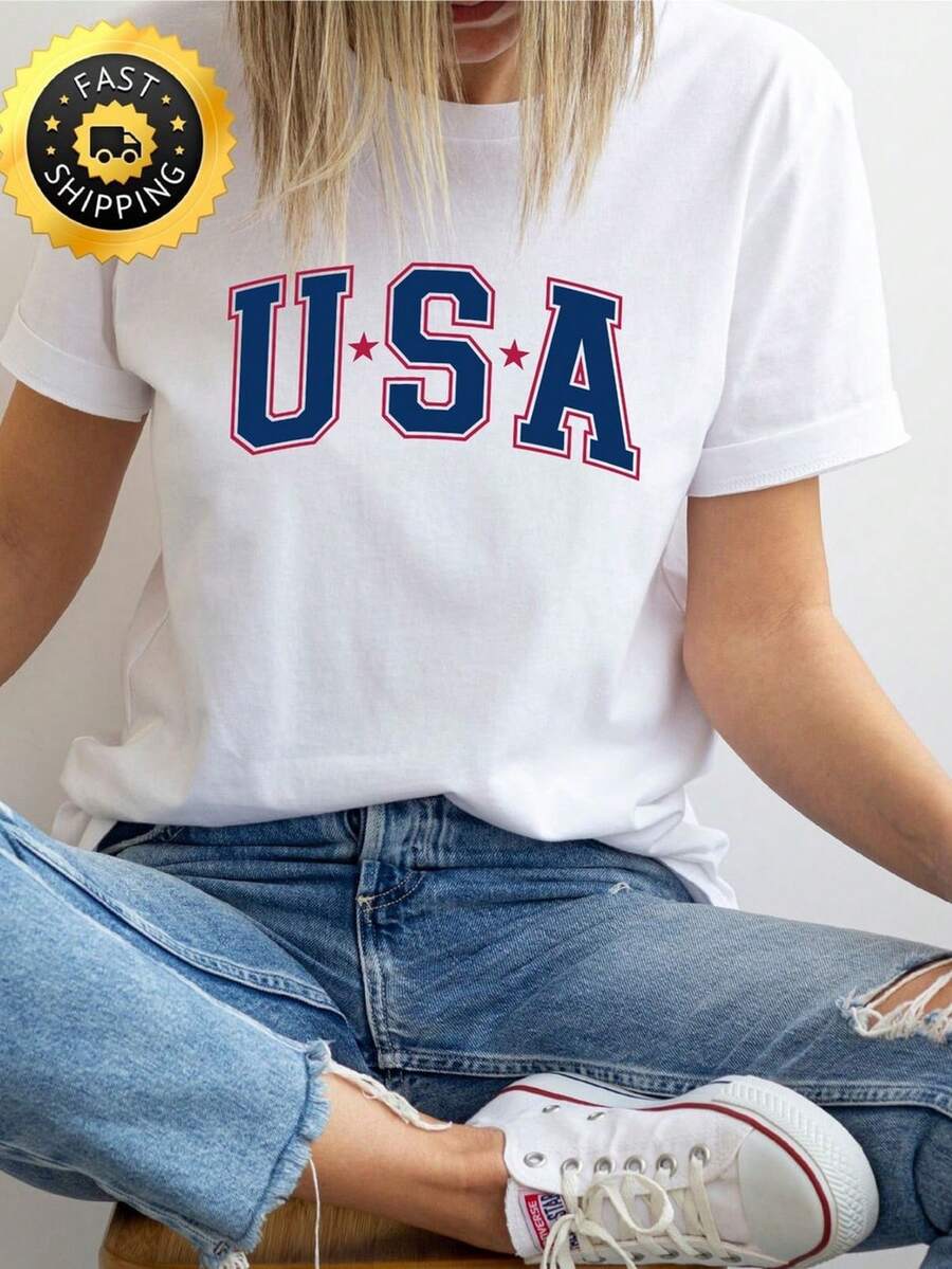 Camiseta R USA, Camiseta Patriótica Familiar. 220 g, algodón puro unisex. Peso ideal para todas las estaciones, apta para hombres y mujeres. Tejido duradero de alta calidad, suave al tacto y de larga duración. Parte superior transpirable. Adecuada para la primavera y el verano, vacaciones, Día de la Madre, Día de la Independencia. - Blanco - Ver 1