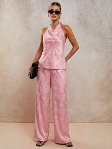 Conjunto de dos piezas elegante de rayas para vacaciones de mujer, primavera/verano - Rosa - Ver 3
