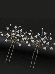 2件/組手工仿珍珠水鑽髮夾新娘頭飾，優雅婚禮派對髮飾，情人節配件 - 金色 - 查看 3