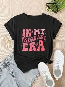 Women's Vintage Style Short Sleeve Casual T-Shirt - Summer Crew Neck T-Shirt "In My Pregnant Era", Machine Washable, Ladies' T-Shirts, Casual Wear, Modern Look, Comfortable Fit

-WhiteFashion - 黑色 - 查看 2