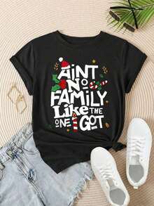 Camiseta Casual de Manga Corta para Mujer Estilo Vintage - No hay familia como la que tengo, cuello redondo, top de verano, lavable a máquina, camisetas para damas, atuendo casual, aspecto moderno, ajuste cómodo.  
 BlackFashion - Negro - Ver 2