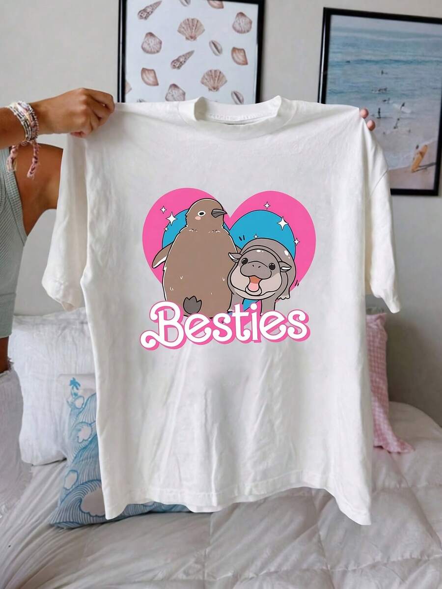 GiftGiftGiftGift1PSCCamiseta de Mujer con Estampado de Bestie Moo Deng & Pesto & Pesto Sauce - Blusa Casual de Manga Corta y Cuello Redondo para Verano, para Combinar con Atuendos de Mejores Amigas, Lavable a Máquina, Ropa Casual SuaveSoftSoft - Blanco - Ver 1