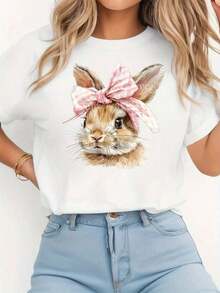 Plus Size Soft Breathable Short Sleeve T-Shirts For Women - Casual Loose Fit Tops For Everyday Wear, [Special Holiday Offer] Cute And Fun Easter Style: Women's Spring/Summer Short Sleeve Crew Neck T-Shirt With Plaid Bow And Bunny Print, Suitable For Casual Shopping, Holiday Gifts, Friends Gatherings, Music Parties, And Holiday Wear. Breathable And Comfortable. - 白色 - 查看 10
