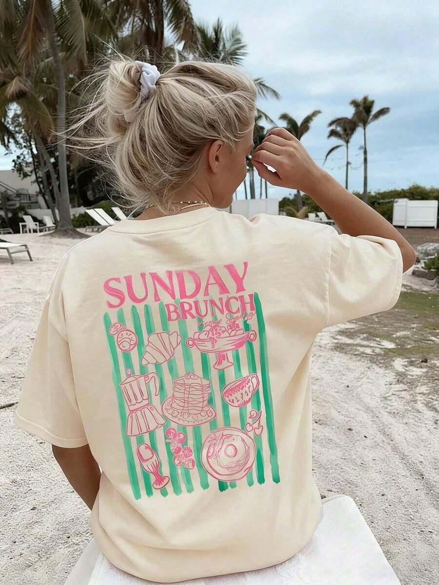 Camiseta de manga corta para mujer, estilo retro americano vintage, con estampado de bloques de color y rayas, suave, cómoda, holgada, informal, ideal para reuniones de fin de semana en verano, cafeterías, paseos por la ciudad y desplazamientos diarios, color rosa. - Albaricoque 2 - Ver 1