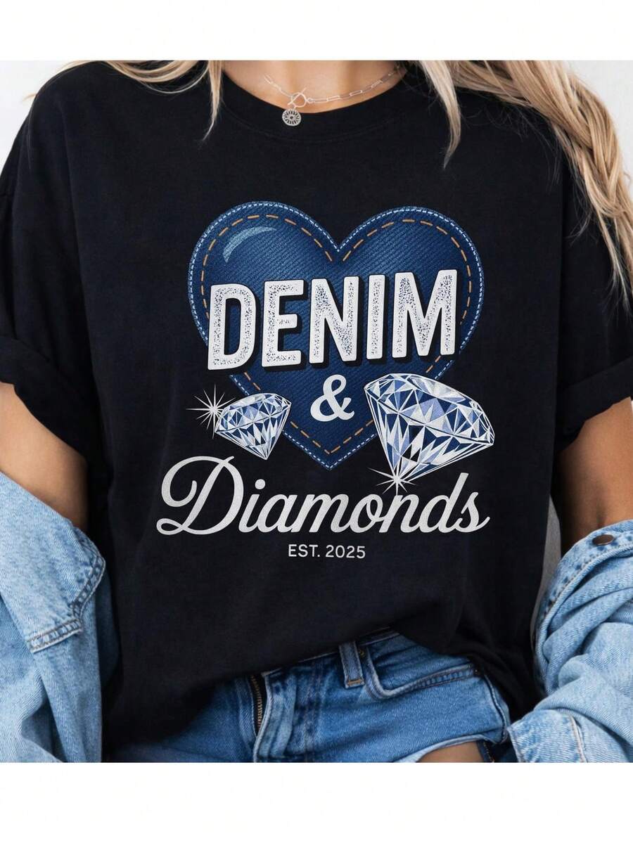 Camisa vaquera con diamantes de imitación, estilo western, con estampado de vaquera, brillante, ideal para conciertos country, con corazón de mezclilla azul, regalo de boutique. 220 g, algodón puro unisex, peso ideal para todas las estaciones, apto tanto para hombres como para mujeres. Tejido duradero de alta calidad, suave al tacto y de larga duración. Top transpirable. Adecuado para la primavera y el verano, vacaciones, Día de la Madre, Día de la Independencia. - Negro - Ver 1