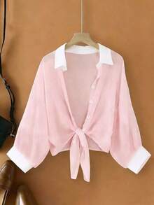 Nueva blusa de gasa de unicolor con chal corto casual de estilo de alas de murciélago para mujeres - Rosa 3 - Ver 1