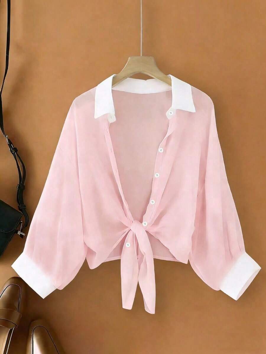 Nueva blusa de gasa de unicolor con chal corto casual de estilo de alas de murciélago para mujeres - Rosa 3 - Ver 1