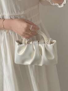 Mini Solid Color Women Pleated Handbag, Women Solid Color Cloud & Crescent Shoulder Bag , New Year, Cream Bag, Beaded Faux Faux Pearl Evening Handbag, Mini Cocktail Party Clutch, Elegant Wedding Party Clutch. - trắng - Xem 2