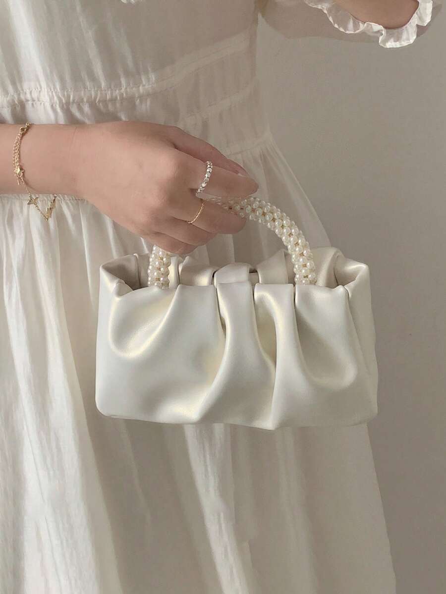 Mini Solid Color Women Pleated Handbag, Women Solid Color Cloud & Crescent Shoulder Bag , New Year, Cream Bag, Beaded Faux Faux Pearl Evening Handbag, Mini Cocktail Party Clutch, Elegant Wedding Party Clutch. - 白色 - 查看 1