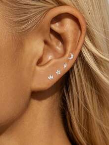 4 pezzi Nuovi orecchini a perno di moda con luna & fiori per donne, orecchini ipoallergenici con chiusura a vite per cartilagine, gioielli per orecchie forate regalo per ragazze - 1-Argento-4 pezzi - Visualizzare 1