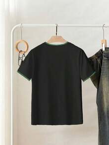 Camiseta de cuello redondo de color liso con detalles de lazo de pedrería de estilo minimalista - Negro 2 - Ver 2