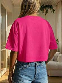 Blusa de mujer de cuello redondo, manga corta, holgada y casual, de estilo minimalista, elegante y sexy Y2K, adecuada para uso diario, oficina, hogar, exterior, primavera/verano - Rosa Fucsia - Ver 7