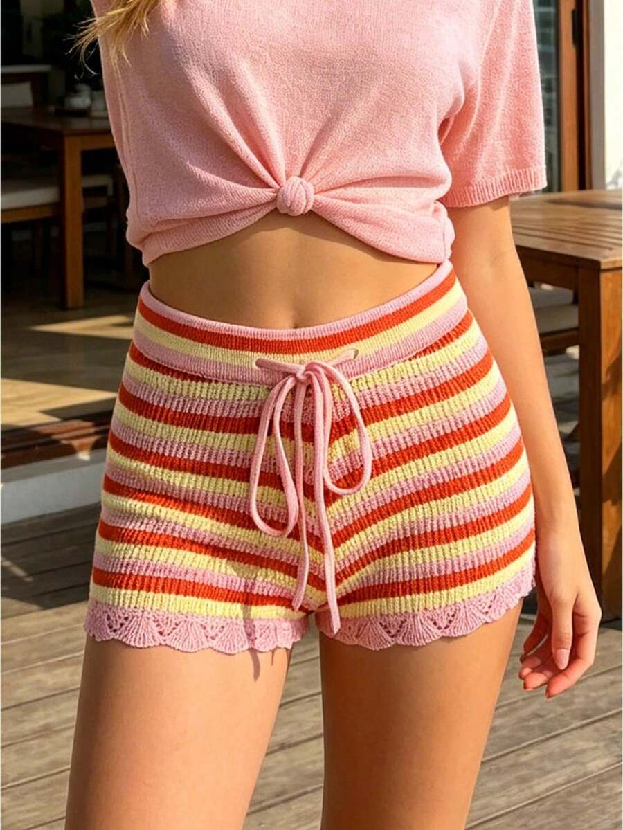 Shorts a Rayas de Croché para Mujer, Multicolor con Borde de Encaje, Cintura Alta con Cordón, Corto, para Vacaciones y Playa de Verano - Naranja - Ver 1