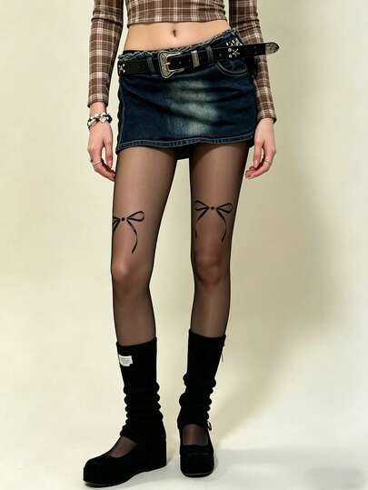 1 Pair Outline Bowknot Pantyhose Plus Size Sexy Cute Y2K For Date Night Party Spring Fall