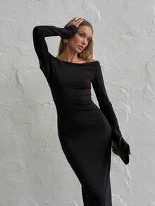 Vestido Largo Mujer Estilo Retro Americano, Manga Larga, Cuello Redondo, Espalda Descubierta, Ajustado, Elegante y Delicado - Negro - Ver 4
