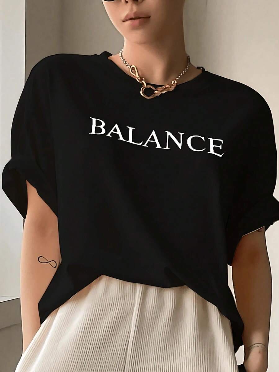 Fashion Printed T-Shirts For Women, Oversized Streetwear Tops, Comfortable And Stylish All-Match Summer Tees. Women's Pure Cotton T-Shirt With Modern BALANCE Print, Casual And Comfortable Design For Spring And Summer, Soft Round Neck, Elegant Urban Style - 黑色 - 查看 1