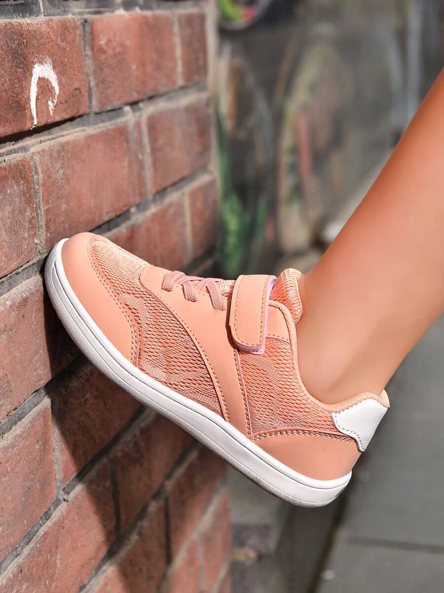 1 Pair Boys' Wide-Fit Breathable Mesh Casual Sneakers, Convenient Hook And Loop Design, Flat Bottom Versatile Barefoot Shoes - Pink - View 1