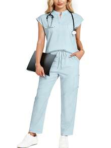 cimmuovere Conjunto de uniforme médico de talla grande con top holgado sin mangas de cuello alto y pantalones con múltiples bolsillos, para primavera - Celeste - Ver 1