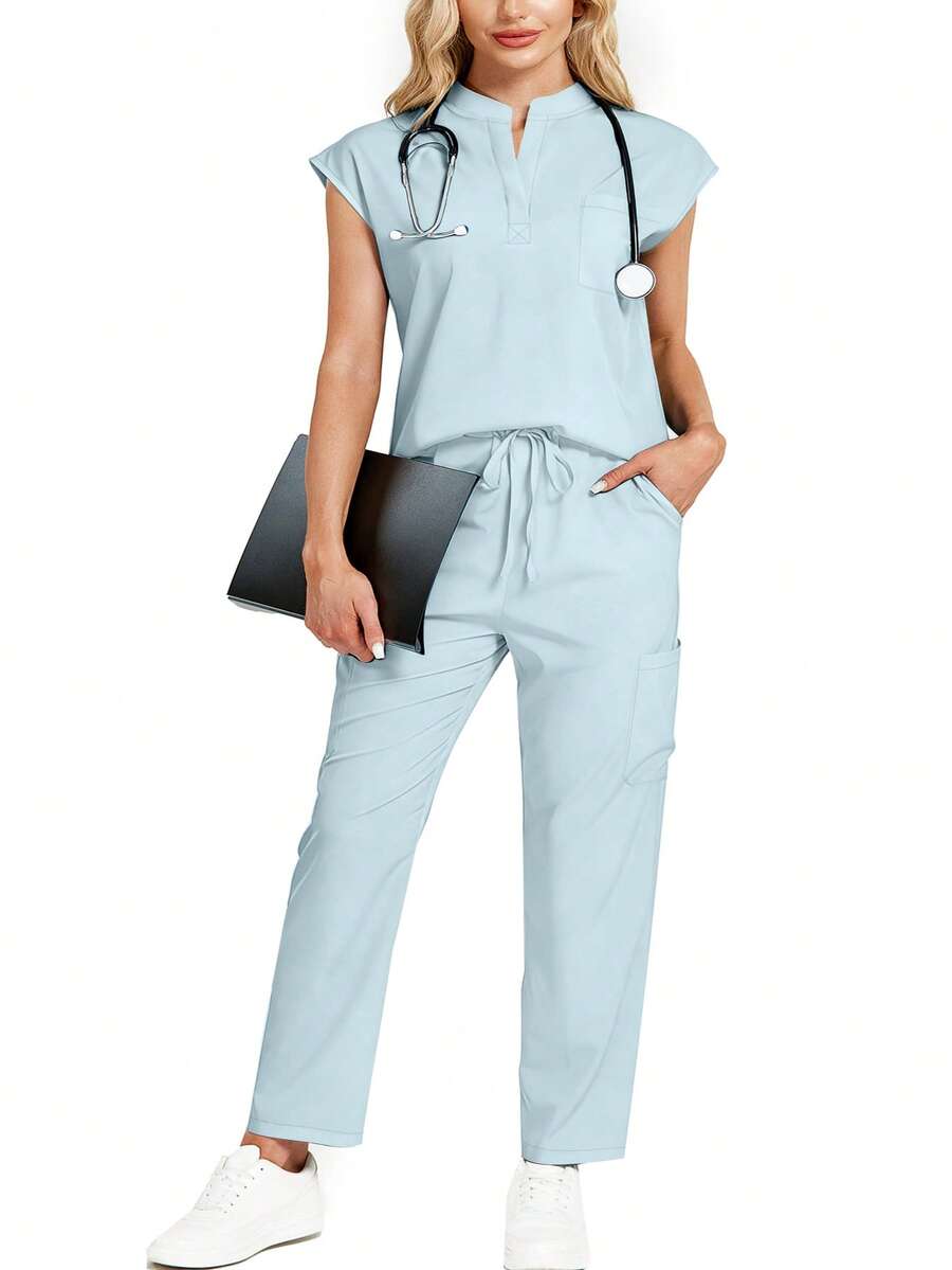cimmuovere Conjunto de uniforme médico de talla grande con top holgado sin mangas de cuello alto y pantalones con múltiples bolsillos, para primavera - Celeste - Ver 1