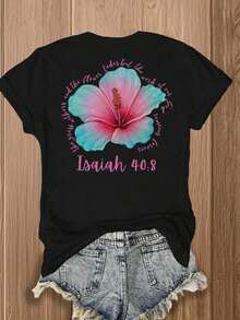 Camiseta de manga corta para mujer con estampado de eslogan, cuello redondo, estilo casual de verano. - Negro - Ver 7