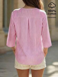 Camisa de algodón casual de mujer con cuello en V y mangas 3/4 a rayas - Rojo - Ver 2