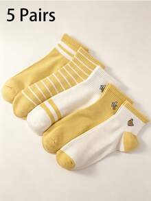5 Pairs Yellow & White Combined Women's Spring And Summer Short Socks, Cute Banana Fruit Pattern. Suitable For Daily Outings, Home And Commuting, Ideal Gifts For Back-To-School Season. - Multicolor - View 1