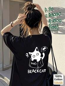 Women's Custom Cartoon Print Mid-Length Short Sleeve T-Shirt, Stylish Graphic Tee, Casual Black Vintage Summer Street Style Loose Fit Cotton Crew Neck T-Shirt. - 黑色 - 查看 1