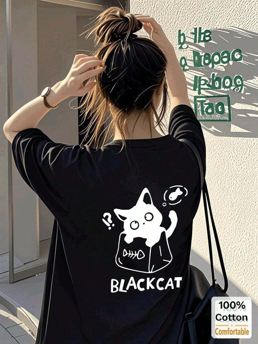 Women's Custom Cartoon Print Mid-Length Short Sleeve T-Shirt, Stylish Graphic Tee, Casual Black Vintage Summer Street Style Loose Fit Cotton Crew Neck T-Shirt. - 黑色 - 查看 1