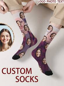 1 Pair Customized Face Pattern Socks, Personalized Photo Socks, Customized Funny Face Socks, Customized Pattern Socks, Print Any Face Image On Socks, Anniversary Gift, Valentine's Day Gift, Unique Birthday Gift, Customized Collectible Gift - Multicolor - View 4