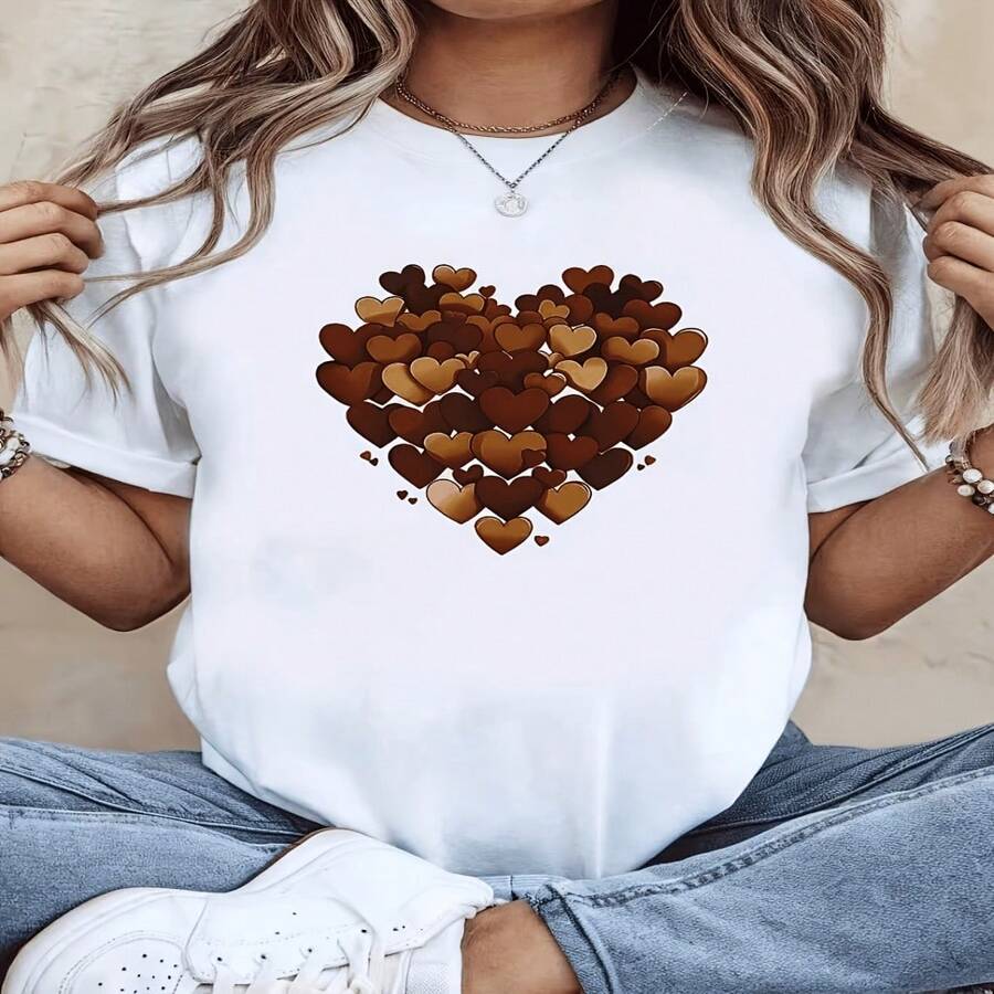 Women's Cute Heart Graphic T-Shirt Casual Short Sleeve Cotton Top Round Neck Tee - Blanco - Ver 1