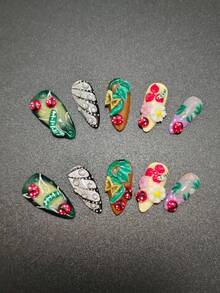 10 pièces de faux ongles à coller faits main de 2,5 cm en forme d'amande, mini motifs mignons de coccinelle, fleurs et étoiles incrustées, ongles acryliques couvrants réutilisables, autocollants d'ongles pour femmes et adolescentes, décoration d'ongles DIY pour la Saint-Valentin, les fêtes et le quotidien - Multicolore - Voir 1