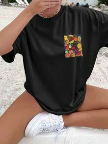 Women's T-Shirts, Summer Tops [Double-Sided Print] Women's Spring And Summer Casual T-Shirt With A Playful Fruit Design And The Inscription "You're The Berry Zest" On A Crew Neck, Short-Sleeved, Oversized T-Shirt [Chu K] Cotton T-Shirt, Women's - Black - View 2