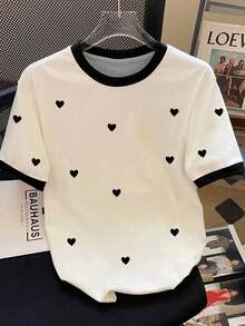 Camiseta de manga corta con cuello redondo, estampado de corazón y ribete de contraste, informal para verano - Rosa - Ver 5