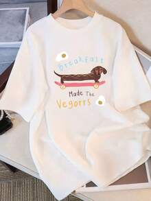 Camiseta Casual de Manga Corta para Mujer 2025 - Estampado de Dachshund con Texto "BREAKFAST & VEGGIES", Cuello Redondo, Ajuste Holgado y Diseño de Verano en - Blanco - Ver 6