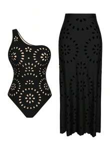 Swim Oasis Conjunto de 2 piezas de traje de baño de un hombro bandeau de unicolor con cortes láser y falda larga calada con cortes láser para mujer, ajuste ceñido, primavera/verano - Negro - Ver 6