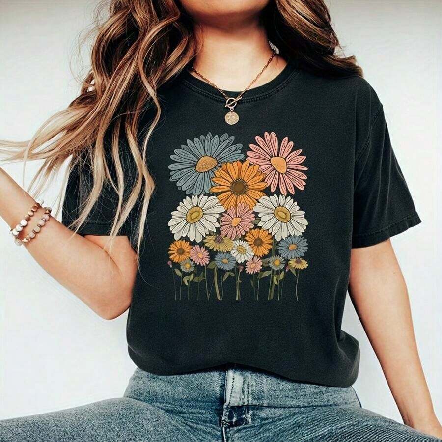 Women's Cotton T-Shirt, Sizes 0XL-5XL, Black, Short Sleeve, Round Neck, With Colorful Daisy Print, Casual Loose Fit Graphic T-Shirt For Summer, Casual Floral Print T-Shirt, Comfortable Basic Cotton T-Shirt For Women. - 黑色 - 查看 1