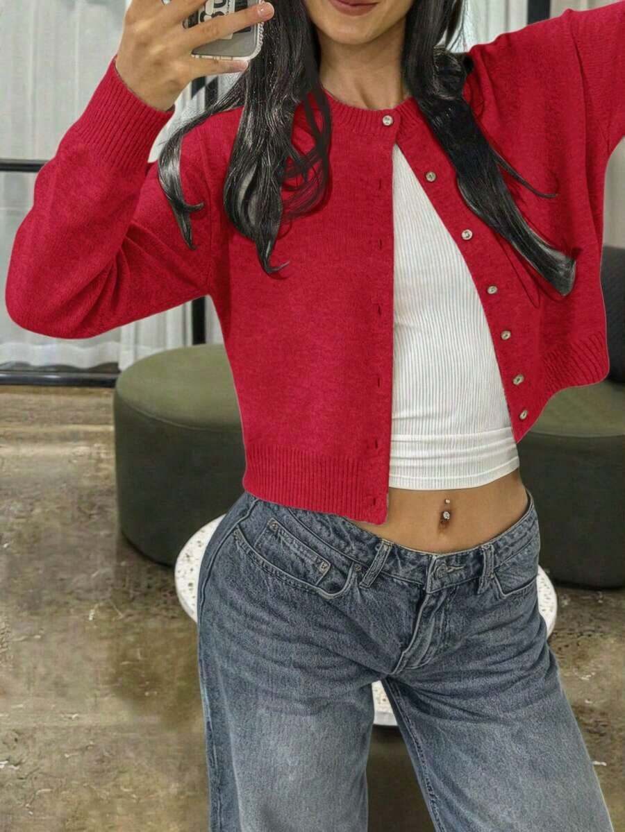 Cárdigan de punto con cuello redondo y diseño retorcido para mujer, chaqueta de suéter de color gris claro sólido y casual, blusa de primavera - Rojo - Ver 1