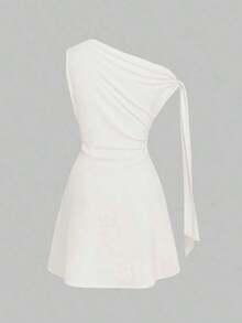 Vestido corto asimétrico con nudo en la cintura para mujer - Blanco - Ver 3