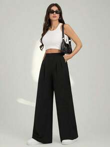 Tall Pantalones casuales anchos y sueltos de cintura alta plisados de unicolor para mujeres - Negro - Ver 4