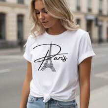Women's Paris Eiffel Tower Print Cotton T-Shirt, Casual Loose Fit, Short Sleeve, Round Neck, Sizes S-5XL, Black And White Graphic Tee For Summer Vacation, Travel And Everyday Wear - 白色 - 查看 7