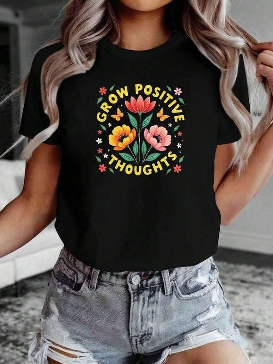 1 Piece Unisex Loose Fit Crew Neck Short Sleeve T-Shirt, 180g, 100% Pure Cotton, Breathable And Soft, Y2K Bababask Style With Modern Graphic Print, Ideal For Women And Men, Perfect For Daily Wear, Festivals, Concerts And All Seasons - 黑色 - 查看 1
