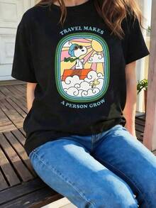 Camiseta para niños con estampado de viaje de cachorro Beagle, negra, transpirable y cómoda, de manga corta, estilo retro de vacaciones, informal, para niños y niñas, suave, 100% algodón, corte holgado informal para mujeres, adolescentes y niñas, tela transpirable y amigable con la piel para uso diario, calle, escuela, citas, vacaciones, al aire libre, fiestas, uso casual en todas las estaciones. Ropa de mujer, ropa de uso diario, blusas, camisas y camisetas de mujer, camisetas de mujer, ropa deportiva, básicos de mujer, camisetas cortas para hombre. - Negro - Ver 6