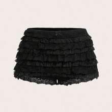 ICON Ladies' Multi-Layer Frill Hem Low-Rise Y2K Concert Going Out White Ruffle Shorts - Negro - Ver 1
