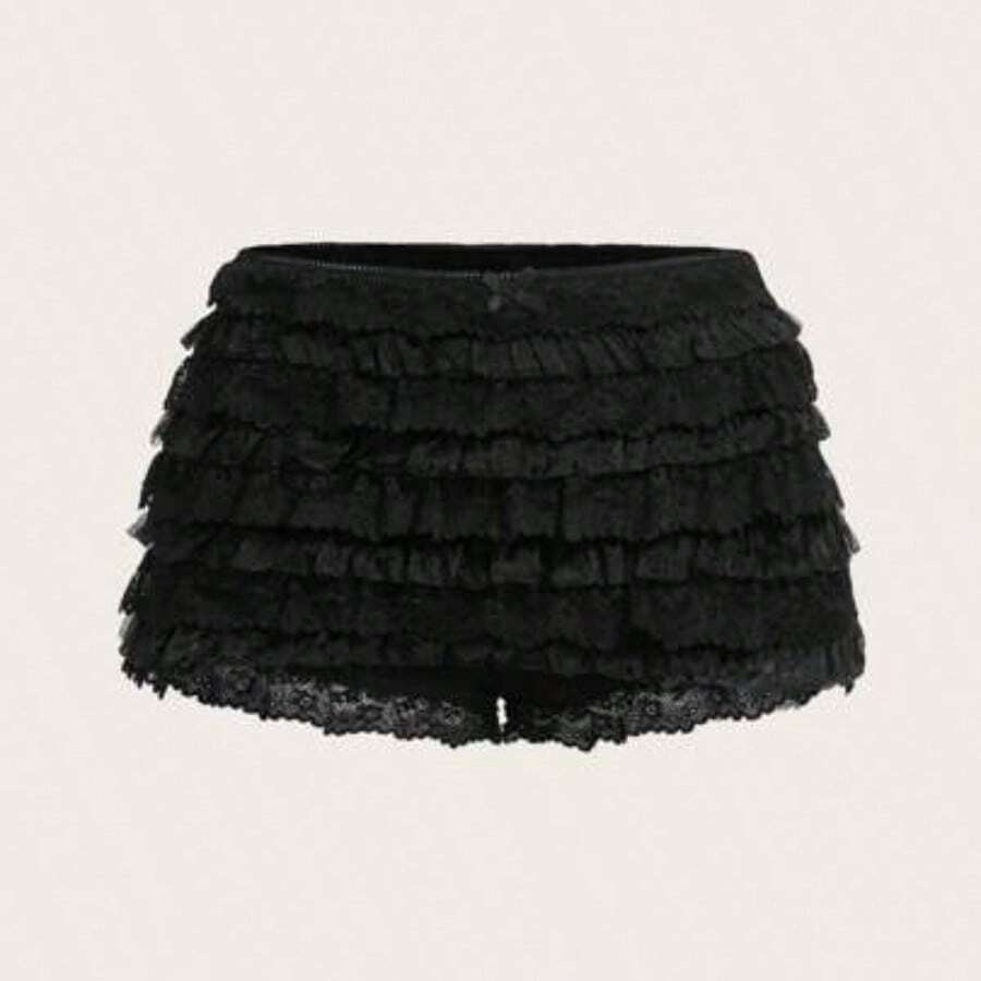 ICON Ladies' Multi-Layer Frill Hem Low-Rise Y2K Concert Going Out White Ruffle Shorts - Negro - Ver 1